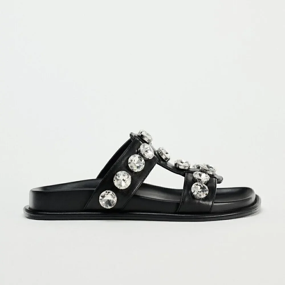ZARA Black Crystal Embellished Flat Sandals NWT Double Strap Gem Slides Size 7.5 - Picture 13 of 16